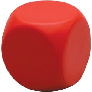 A red stress round cube with smooth surfaces, designed for stress relief. It features a logo.