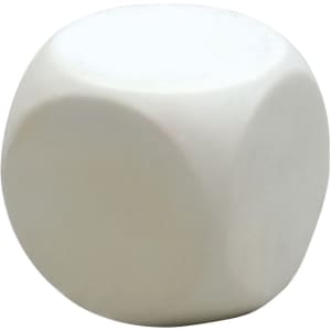 A round, white stress cube with rounded edges and a smooth surface, featuring a logo.