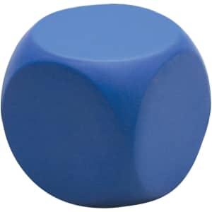 A blue stress round cube with a smooth, rounded surface and a simple design. It features a logo.
