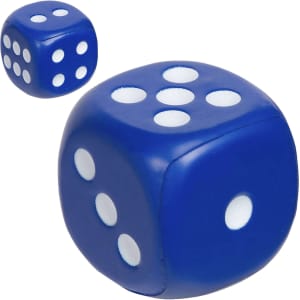 Two large blue stress dice with white pips are displayed. One die is larger than the other.