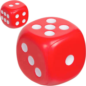 A large red stress dice and a smaller red dice, both featuring white dots on each side.