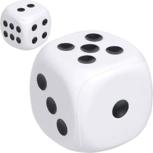 Two large, white stress dice with black dots displayed. One die is larger than the other.