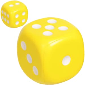 A pair of large, yellow stress dice featuring white dots on each face. One die is prominently displayed in the foreground.