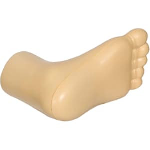 A beige stress toy shaped like a foot, featuring toes and a smooth surface. It has a small logo on one side.