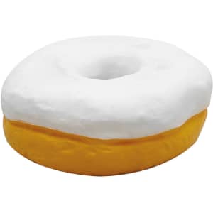A stress donut featuring a white icing top and a yellow base, designed for fun and stress relief.