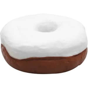 A brown and white stress donut, resembling a chocolate-covered donut with icing on top, has a smooth surface and a circular shape.