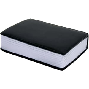 A black squishy book-shaped stress toy with a white interior, featuring a logo on the cover.