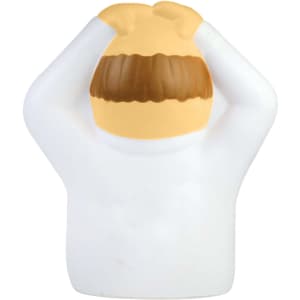 A stress relief toy shaped like a figure with a beige head and white body, featuring brown hair. It has a logo on it.