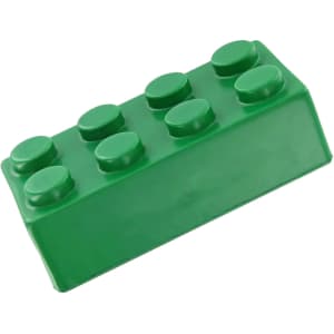 A green stress building block in the shape of a LEGO brick, featuring rounded top studs. It has a shiny finish and branding.