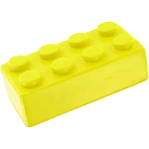 A yellow stress building block with rounded knobs, designed in the style of a toy brick. It has a glossy finish and a logo.