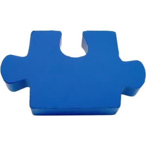 A blue jigsaw puzzle piece with a smooth finish, featuring a classic interlocking design. It has a logo on one side.