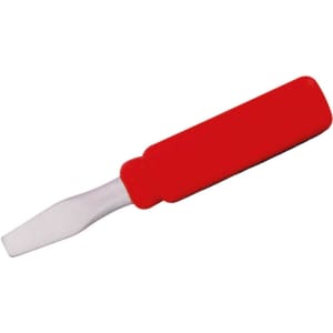 A red stress screw driver with a silver tip, designed for fun and stress relief. It features a logo on the handle.