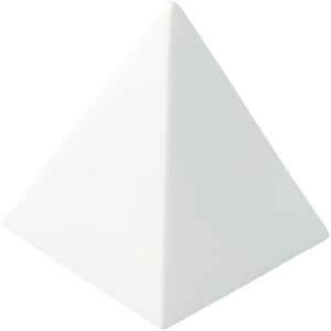 A white stress pyramid with a smooth finish. The product has a simple design and features a logo.
