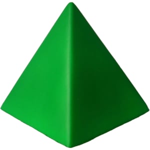 A green stress pyramid with a smooth surface and a triangular shape, featuring a logo on one side.