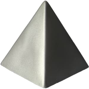 A stress pyramid in a metallic grey finish with a smooth surface, offering a fun shape for stress relief.