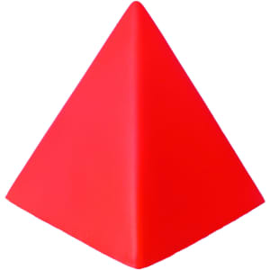 A red stress pyramid with a smooth surface and a pointed top, featuring a logo on one side.