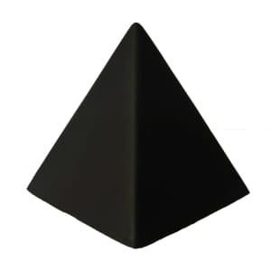 A black stress pyramid with a sleek, smooth surface and a pointed top, featuring a logo on one side.