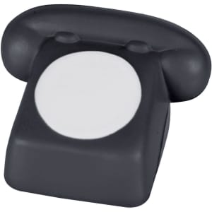 A black stress telephone shaped product with a round white centre and rounded handle. It features a branding logo.