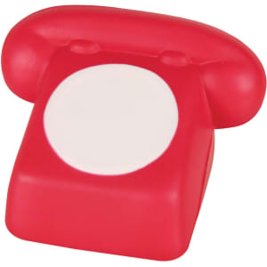 A red stress telephone shaped like a classic phone, featuring a white circular centre and a rounded handle.