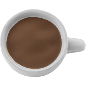 A white ceramic cup filled with a brown liquid, resembling tea or coffee, with a simple handle.