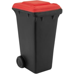 A black stress rubbish bin with a red lid and a small wheel, designed as a stress relief toy.