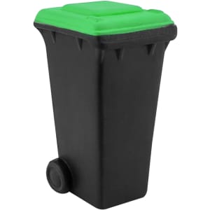 A black stress rubbish bin with a green lid and a small wheel, featuring a simple design.