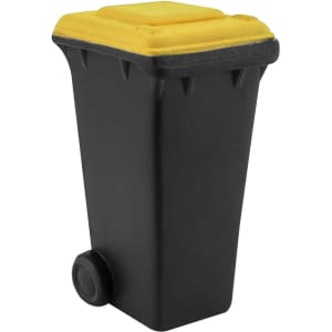 A black stress rubbish bin with a yellow lid and a wheel, designed as a stress-relief toy.