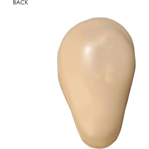 A beige stress relief shape resembling an ear, featuring a smooth surface and an unspecified logo.