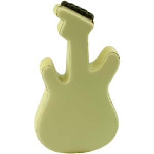 A yellow stress guitar shaped like an electric guitar with a textured neck for gripping. Contains a logo.
