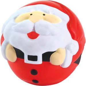 A red and white stress ball shaped like Santa Claus, featuring a smiling face and fluffy beard.