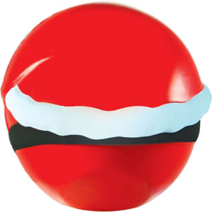 A red stress ball shaped like Santa's head, featuring a white beard and a black band.