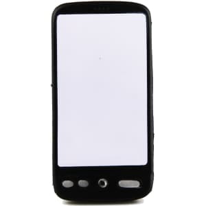A black stress mobile phone with a blank screen and three buttons at the bottom, featuring a logo on the back.