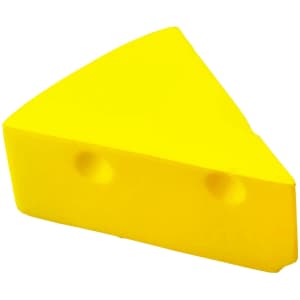 A yellow triangular stress shape resembling a wedge of cheese, featuring two holes. It has a smooth surface and a simple design.