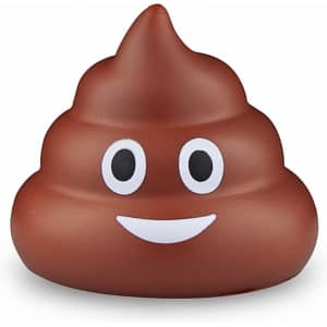A brown, smiling poop-shaped stress ball with wide eyes, featuring a simple, cartoonish design.