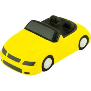 A yellow stress sports car with black accents and two seats. It features white wheels and a sleek design.