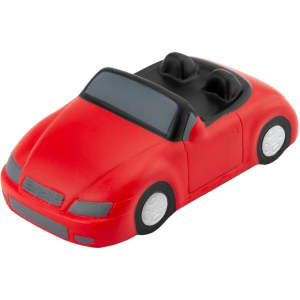 A red stress toy in the shape of a sports car, featuring black seats and white wheels.