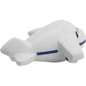 A stress relief toy shaped like a large white aeroplane with blue accents. It has a simple, smooth design.