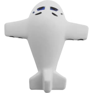 A white stress toy in the shape of an aeroplane with blue accents and black details. It features a simple design and a logo.