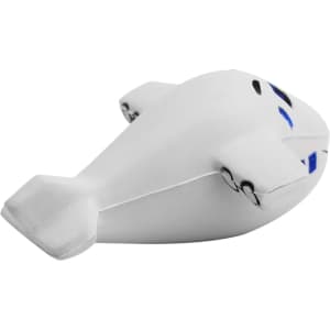 A white stress relief toy shaped like an aeroplane with blue accents. It has a smooth finish and a playful design.