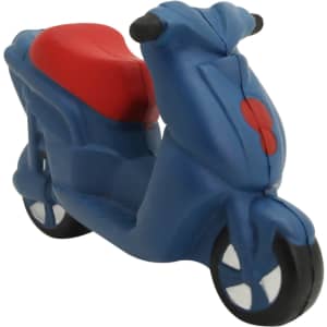 A blue stress scooter with a red seat and black handlebars, designed for stress relief and fun.