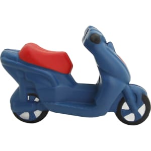A blue stress scooter with a red seat, featuring black wheels and a shiny finish, ideal for stress relief.