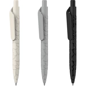 Three Marko Stone Pens in cream, grey, and black, featuring a textured design and a clip on the side. Each pen has a logo.