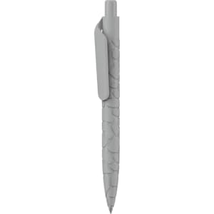 A plastic pen with a textured grey body and a clip. It features a logo on the side.