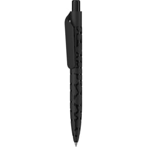 A black plastic pen with a textured grip and a clip, featuring a logo on the body.
