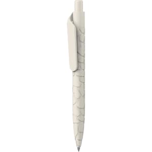 A white pen with a textured surface and a clip, featuring branding.