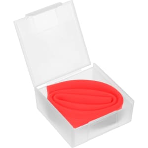 A red silicone straw neatly stored in a transparent case. The straw is coiled inside the container.