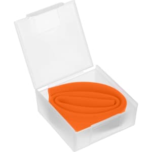 An orange silicone straw inside a clear plastic case. The case is rectangular with a hinged lid.