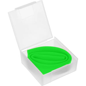 A green silicone drinking straw nestled in a clear, square storage case.