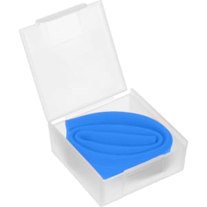 A blue silicone straw in a clear, compact storage case. The case has a hinged lid for easy access.