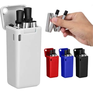 A portable container holding foldable metal straws in silver and a hand holding additional straws. Available in red, blue, and black.